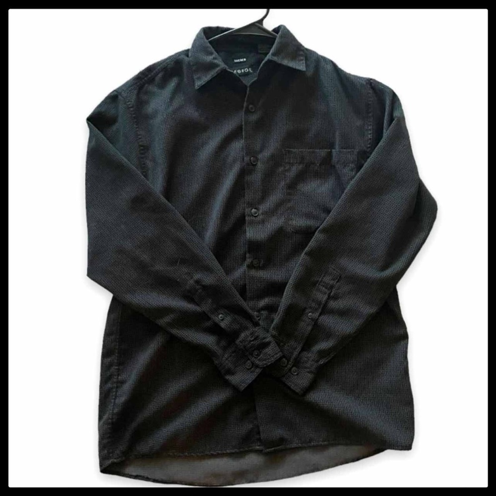 George Mens Black Sueded Emerald Cut Pattern Long Sleeve Button Up Flannel Shirt - Picture 7 of 10